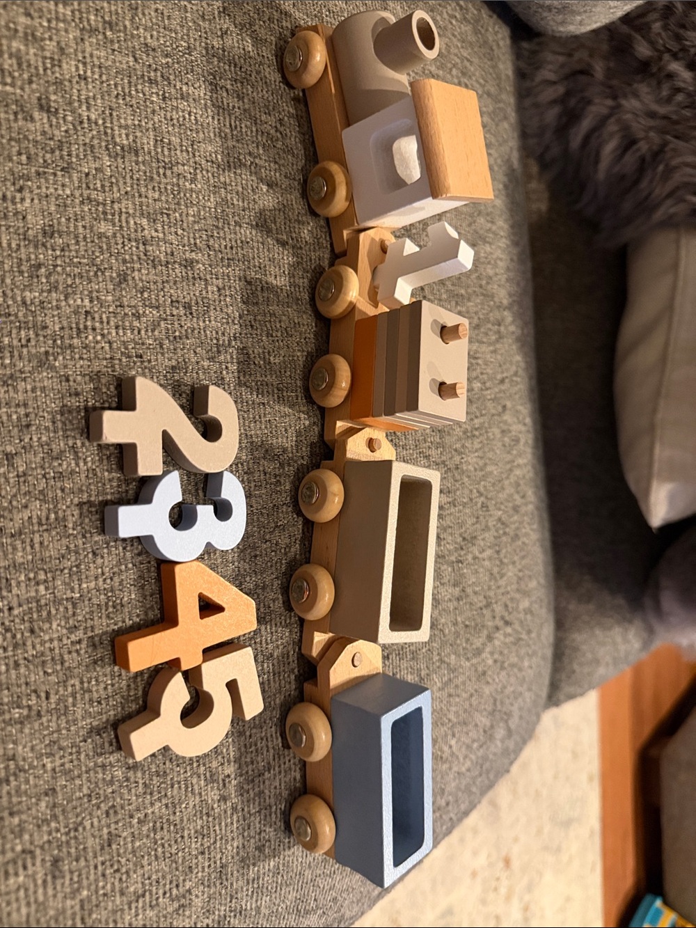 Wooden Train Toy Set - Neutral Pastel with numbers 1-5 and stacking blocks